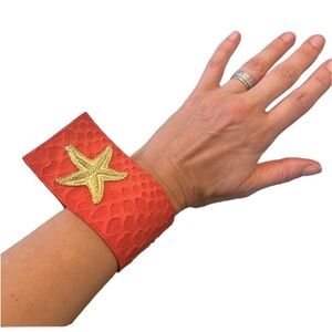REAL PYTHON coral French cuff gold metal starfish cuff bracelet $149 NEW
